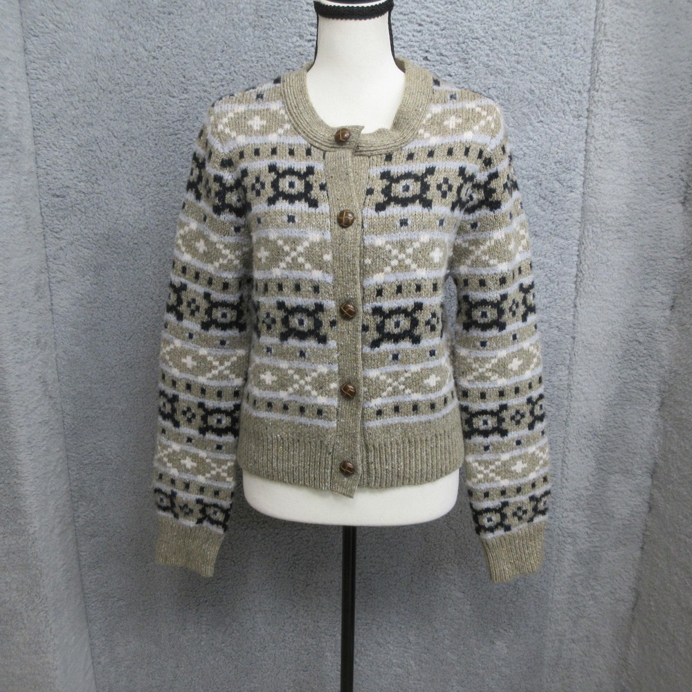 Fair Isle Wool Blend Cardigan Women S Taupe Black Nordic Wood Buttons Marled
